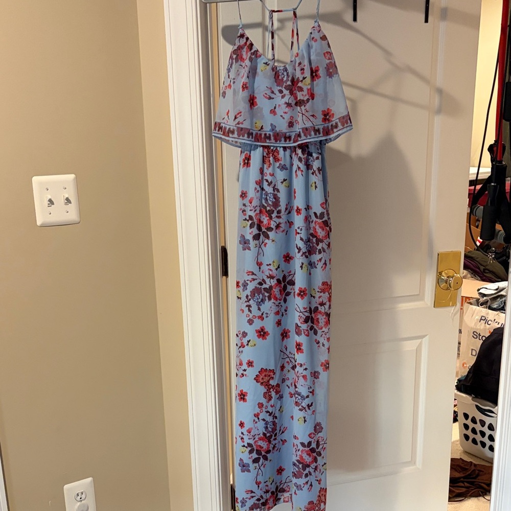 Light Blue Floral Maxi Dress with Ruffle Bodice
